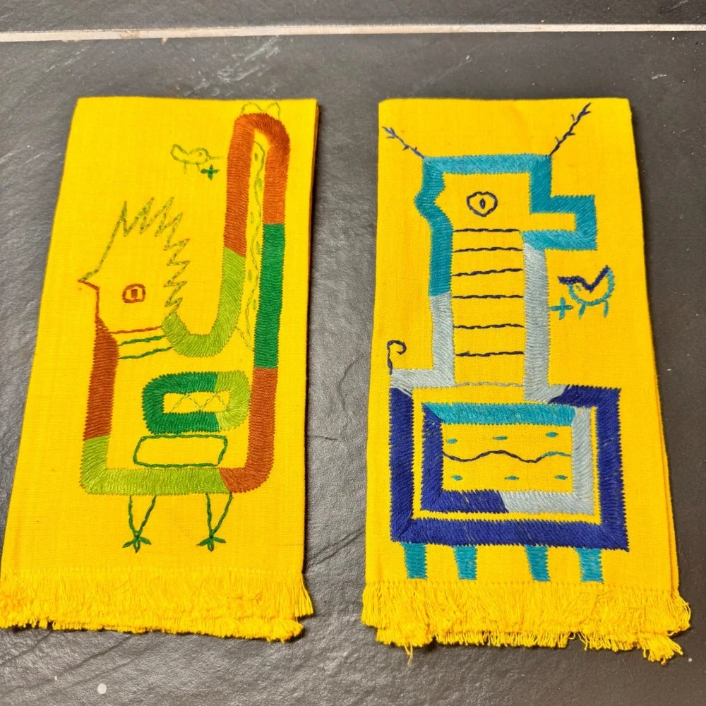 Hand Embroidered Puruvian Guatamalan Folk Art Napkins Yellow Folkloric Set of 2